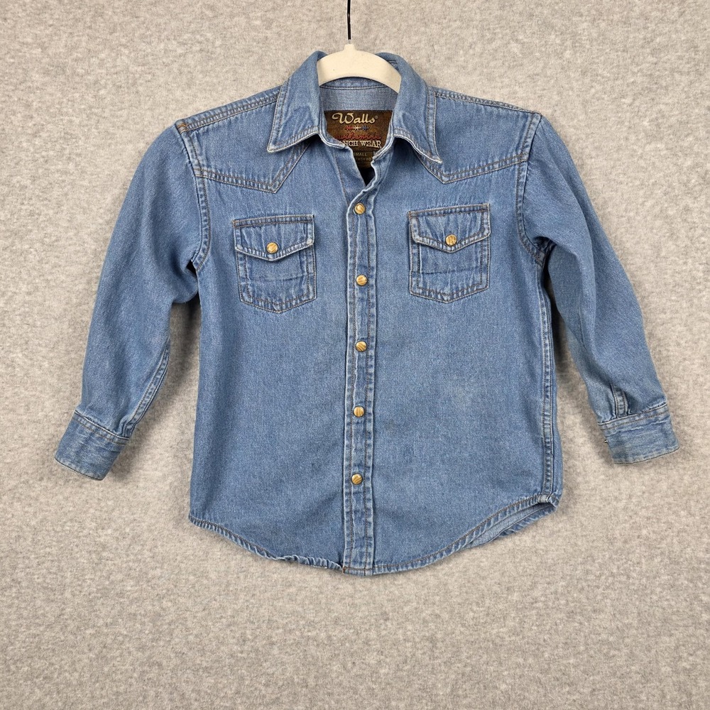 Walls Ranch Wear Shirt Kids XS Blue Denim Western Snap‎ Button Long Sleeve Top